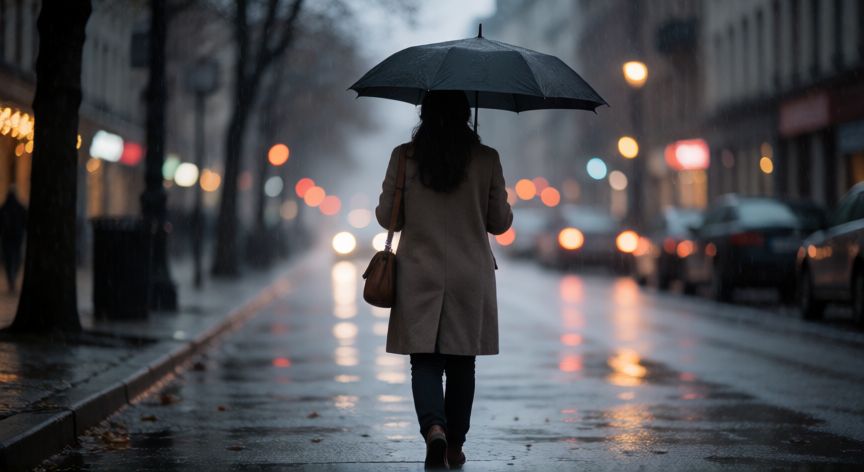 a veces es mejor andar solo que mal acompañado, Caminando solo por la ciudad bajo la lluvia de forma reflexiva