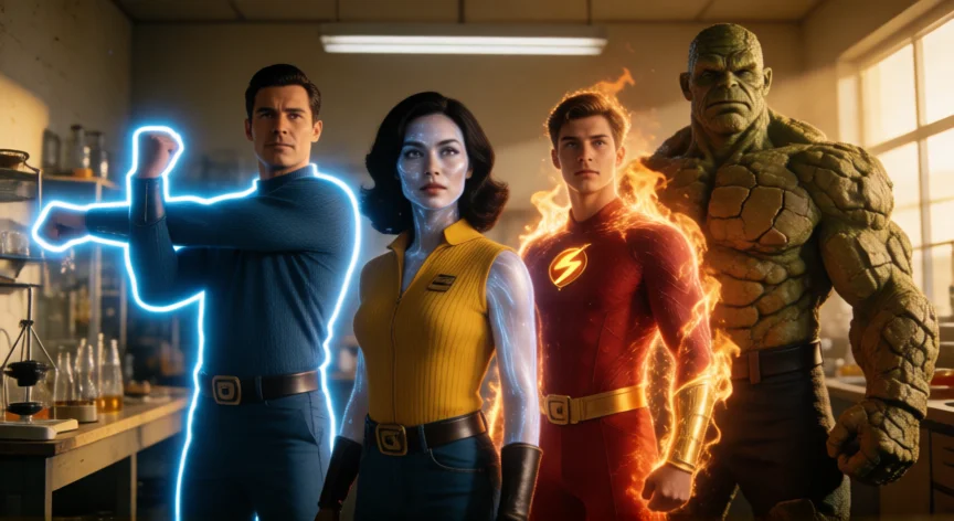 actores que hicieron los 4 fantasticos, Los 4 Fantásticos en estilo cinematográfico retro de laboratorio científico