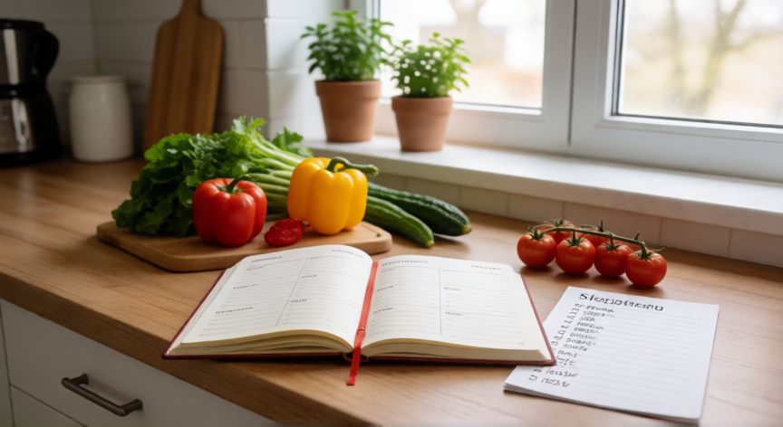 ahorrar como nunca, Kitchen counter with meal planning notebook and fresh ingredients