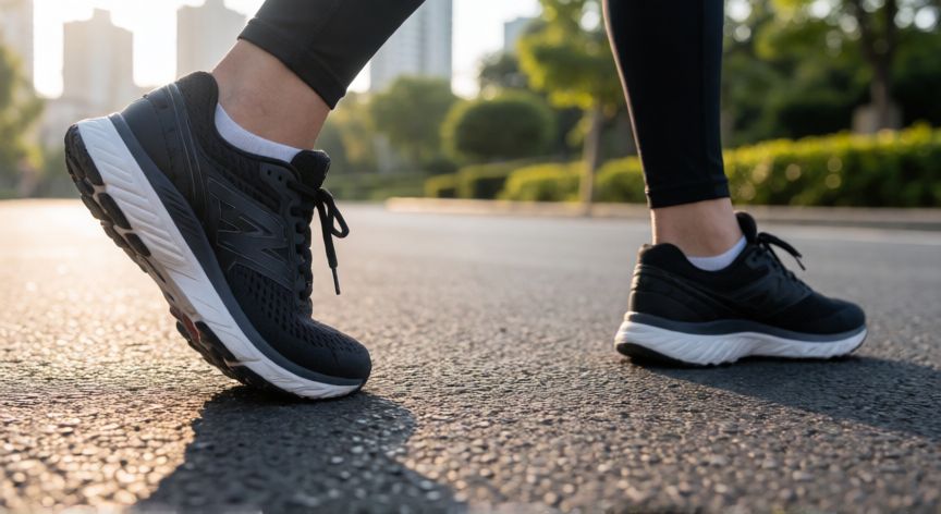 andar es mejor que correr, Detalle de pies corriendo y caminando en asfalto