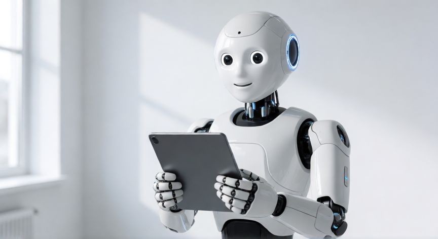 android qué quiere decir, Robot humanoide futurista sosteniendo una tableta electrónica