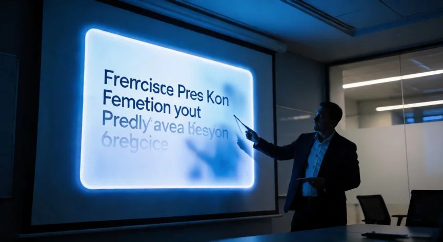animaciones en powerpoint aparecer y desaparecer, Presentación proyectada con un elemento de texto que aparece con efecto de desvanecimiento en una sala de conferencias