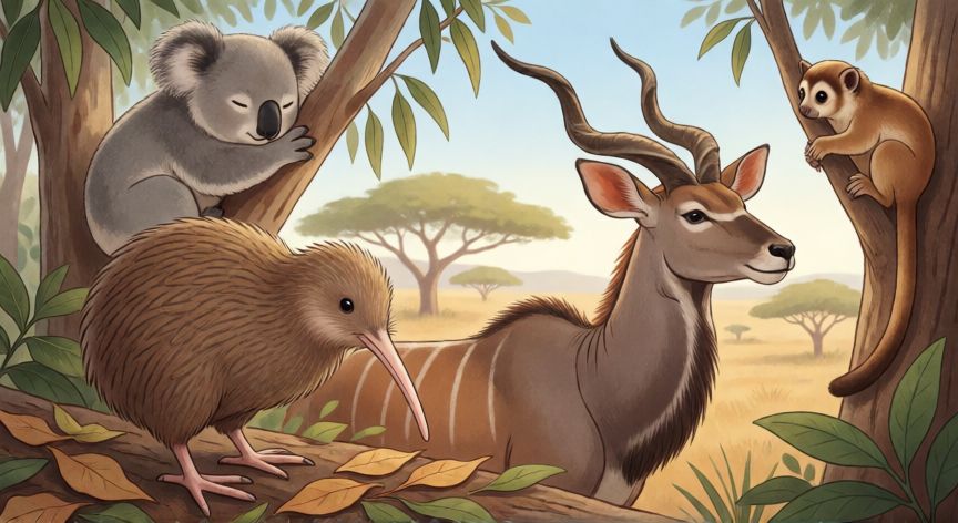 animal que começa letra k, Ilustración de animales que empiezan por K: kiwi, koala, kudu y kinkajú en su hábitat