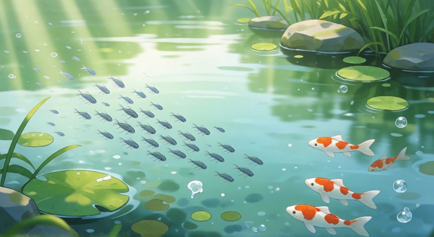 animal que começa letra k, Krill marinos y carpas koi en un paisaje acuático educativo