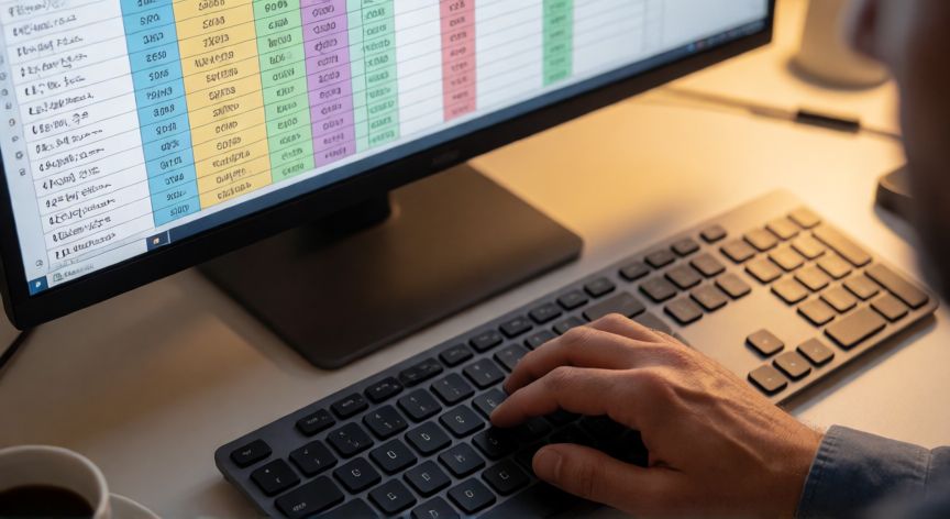 atajos en excel 365, Manos usando atajos de teclado en Excel 365 con una hoja de cálculo visible en pantalla