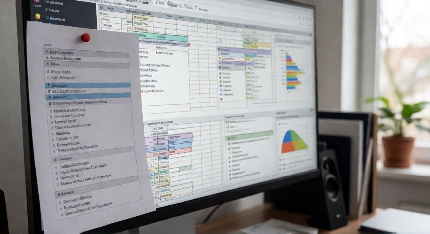 atajos en excel 365, Cuadro de referencia con atajos de teclado de Excel junto a un monitor con hoja de cálculo