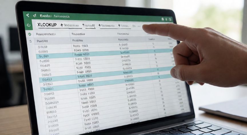 buscar en excel y traer datos, Pantalla de Excel mostrando fórmula XLOOKUP buscando datos en una tabla de productos