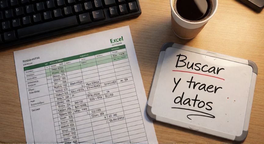 buscar en excel y traer datos, Escritorio con hoja de cálculo impresa mostrando fórmula INDICE.COINCIDIR y notas de trabajo