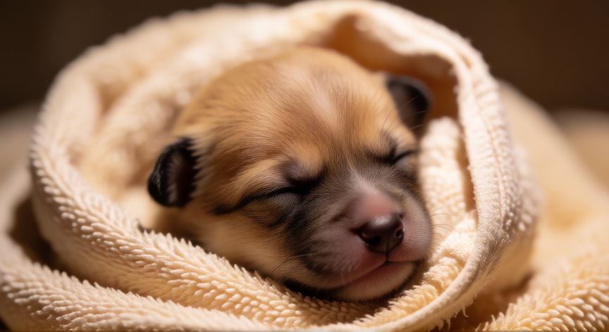 cachorro huerfano cuidados, Cachorro recién nacido envuelto en toalla tibia para mantener la temperatura