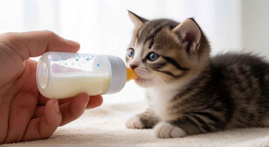 cachorro huerfano cuidados, Alimentación manual de un gatito con biberón y fórmula específica para cachorros