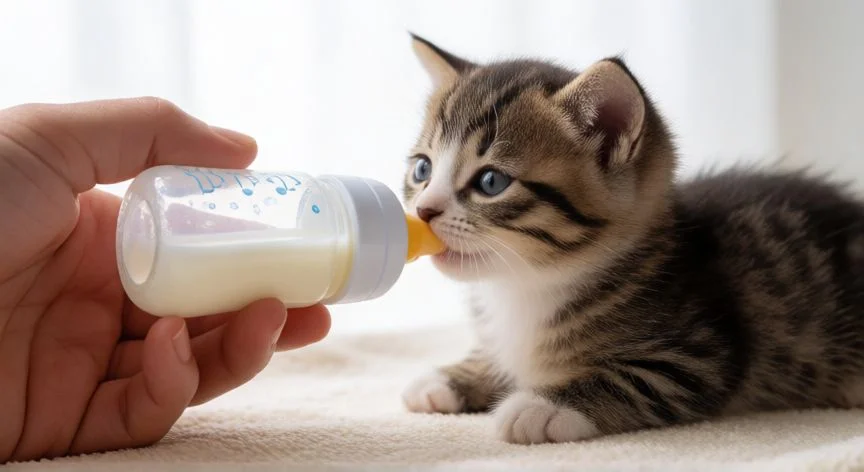cachorro huerfano cuidados, Alimentación manual de un gatito con biberón y fórmula específica para cachorros