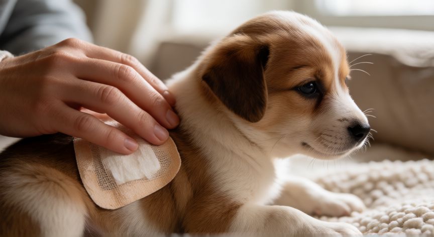 cachorro tetraplegico cuidados, Cuidador limpiando la zona afectada de un cachorro con lesión medular en un ambiente hogareño