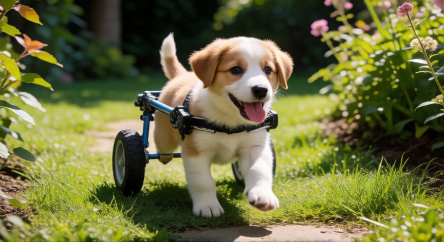 cachorro tetraplegico cuidados, Cachorro tetrapléjico usando muletas y moviéndose libremente por un jardín soleado