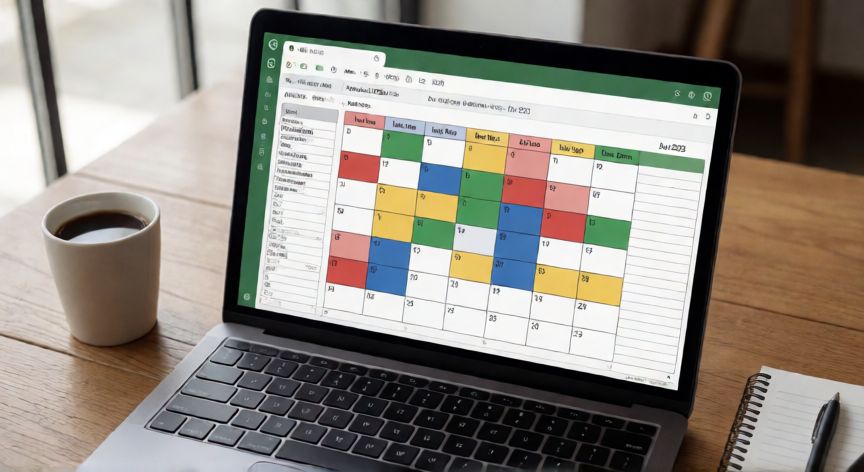 calendario en excel julio 2025, Pantalla de portátil con calendario de julio 2025 abierto en Excel con celdas de colores y cuadrícula semanal