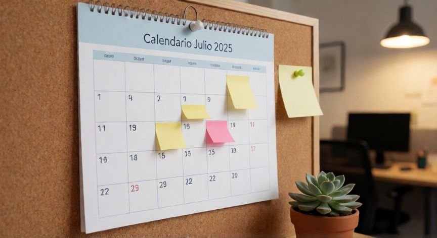 calendario en excel julio 2025, Calendario impreso de julio 2025 en una tabla de corcho de oficina con post-its de colores y notas