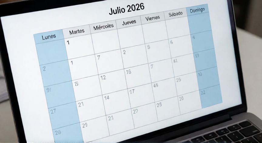 calendario en excel julio 2026, Calendario de julio 2026 abierto en Excel con cuadrícula semanal y días del mes