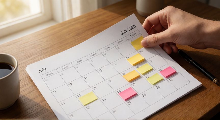 calendario en excel julio 2026, Calendario impreso de julio 2026 con post-its en un escritorio de madera