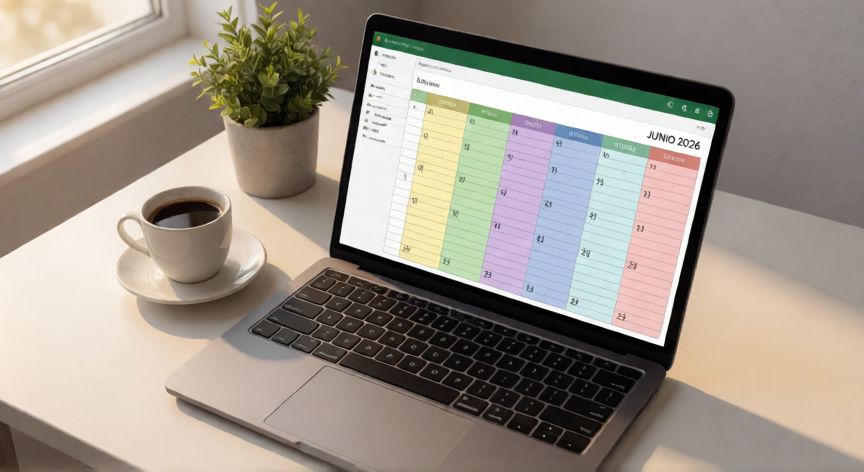 calendario en excel junio 2026, Calendario de junio 2026 abierto en Excel sobre un escritorio de trabajo