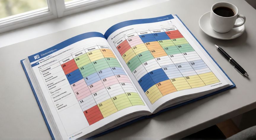 calendario en word 2025, Calendario mensual abierto en Microsoft Word 2025 sobre un escritorio con colores de categorización
