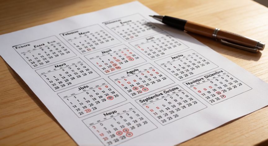 calendario en word 2025, Calendario anual impreso en A4 con los doce meses en cuadrícula y fechas marcadas a mano