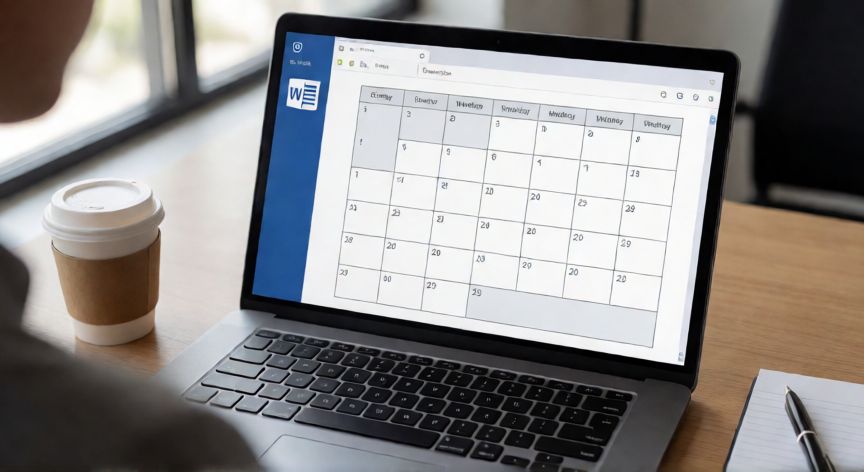 calendario en word 2026, Calendario mensual creado con tabla en Microsoft Word 2026 visible en pantalla de portátil