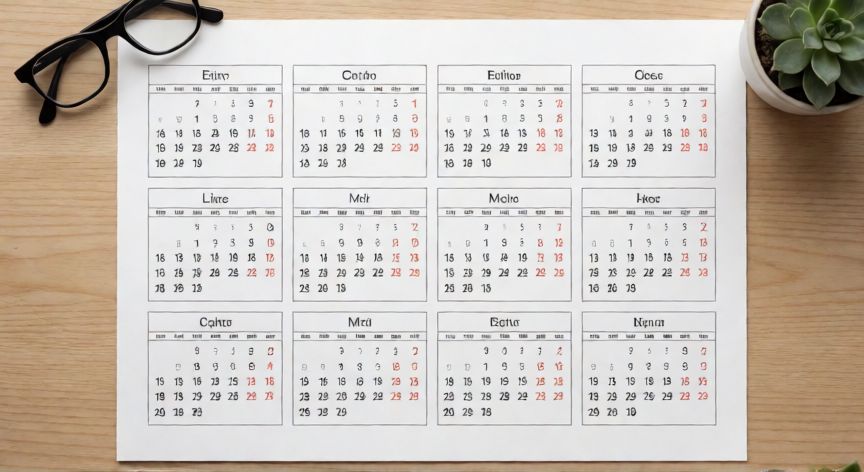 calendario en word 2026, Calendario anual impreso en Word con 12 meses en formato cuadrícula sobre escritorio de madera