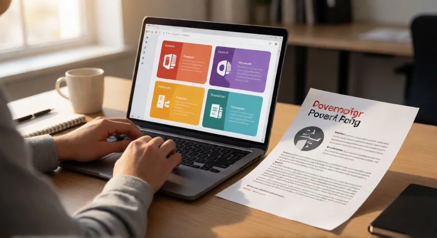 cambiar powerpoint en pdf, Persona usando un portátil con una presentación de PowerPoint abierta y un documento PDF impreso al lado sobre la mesa