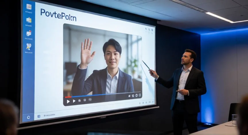 cameo en powerpoint que es, Presentación en PowerPoint con un vídeo cameo insertado en una sala de conferencias