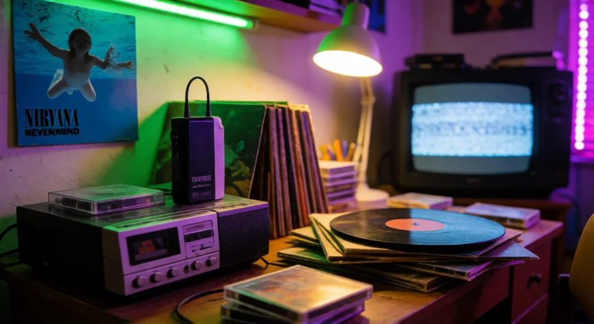 canciones que hicieron historia en los 90, Habitación de los años 90 con reproductor de casetes y discos que definen la era musical