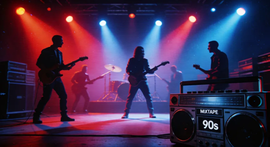 canciones que hicieron historia en los 90, Escenario de concierto de los 90 con estética de video musical VHS y luces de colores