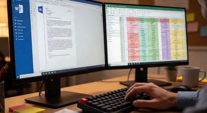 comandos en word y excel, Pantallas de Word y Excel abiertas en un escritorio de oficina con teclado mecánico