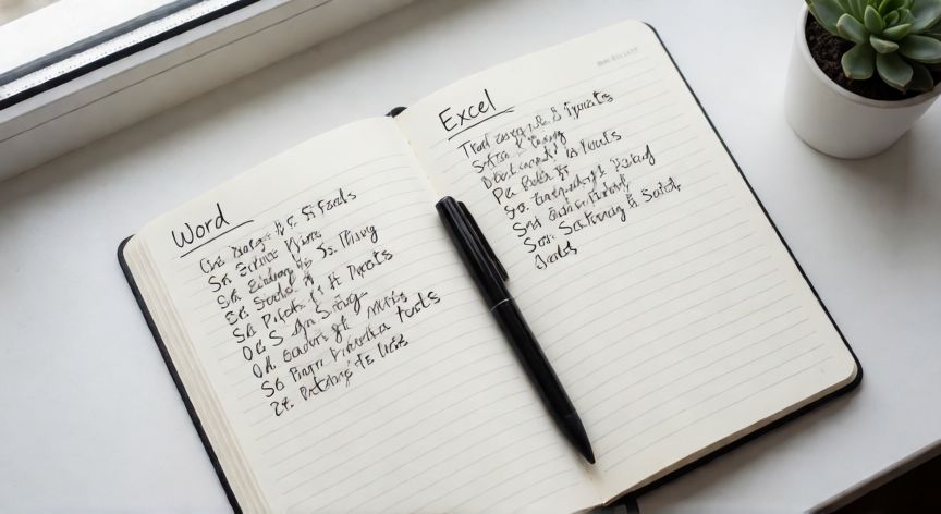 comandos en word y excel, Cuaderno con atajos de teclado de Word y Excel anotados a mano sobre un escritorio blanco