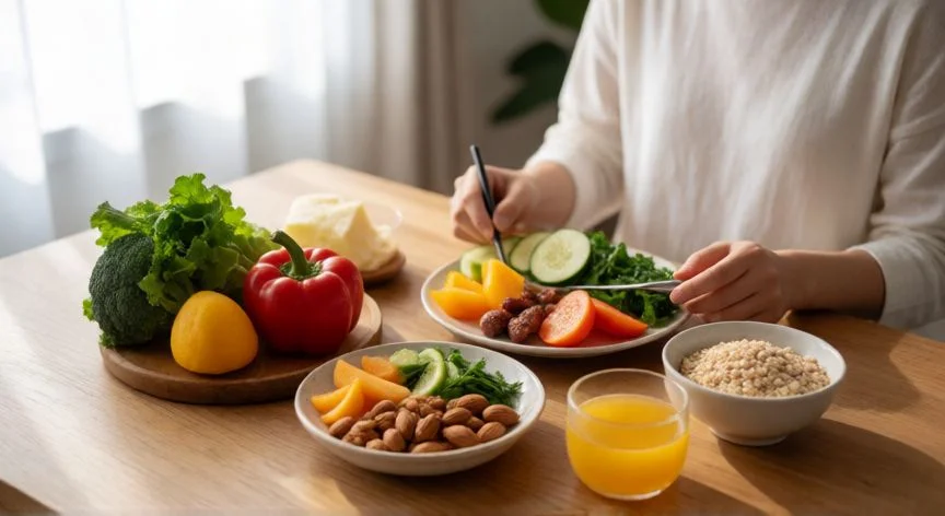 comer y alimentarse diferencia, Familia multigeneracional compartiendo una comida saludable y consciente alrededor de la mesa.
