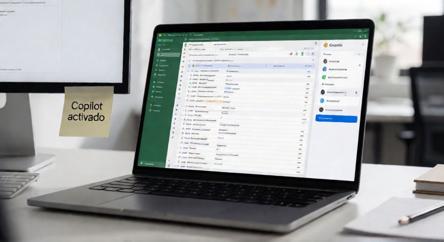Pantalla de Excel 365 con el panel lateral de Copilot abierto mostrando la interfaz de chat