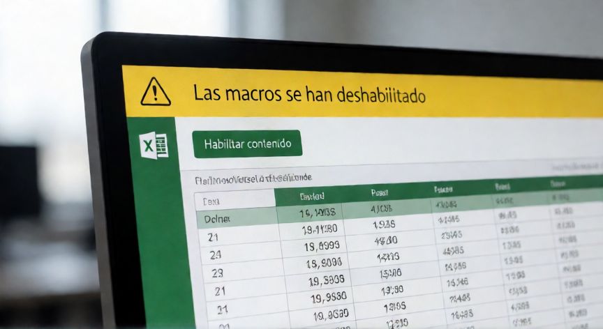 como activar en excel macros, Pantalla de Excel mostrando la barra de aviso de macros deshabilitadas con botón para habilitar