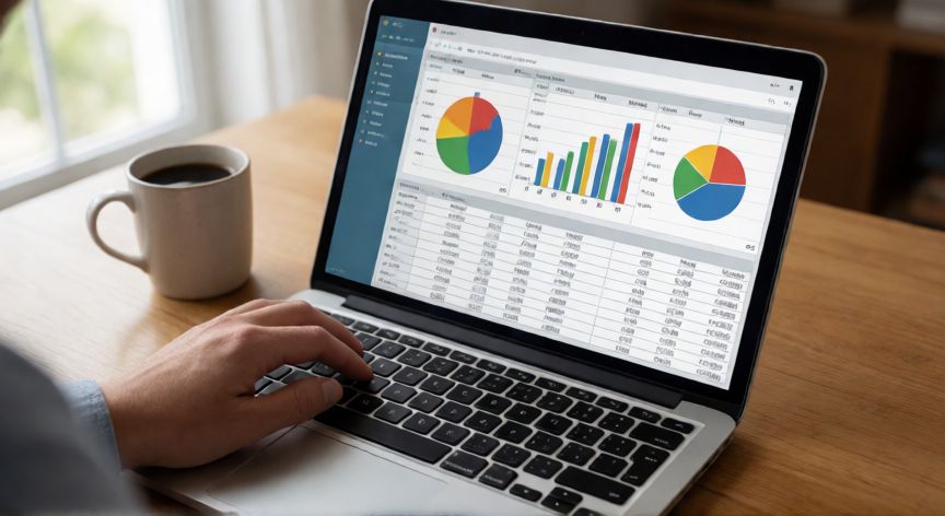 como activar excel gratis, Persona usando Excel en la web desde un portátil en una mesa de trabajo