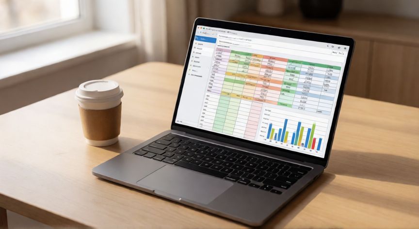 como activar excel gratis sin licencia, Ordenador portátil mostrando una hoja de cálculo con gráficos y datos en una mesa de trabajo bien iluminada