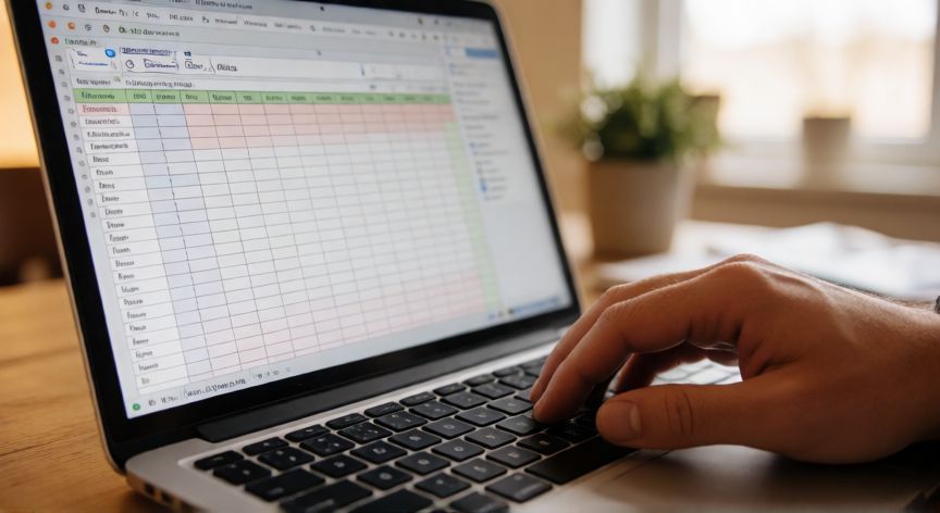 como activar excel gratis sin licencia, Manos escribiendo en un portátil con una hoja de cálculo de código abierto visible en pantalla en un escritorio doméstico