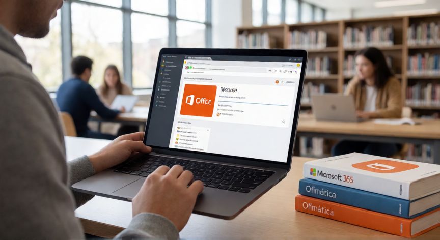 como activar word gratis, Estudiante accediendo a Office 365 educativo desde la biblioteca universitaria