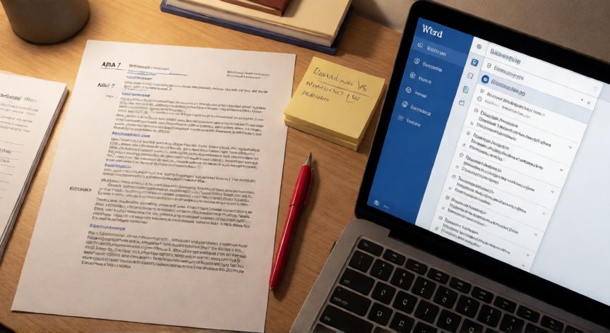 como actualizar en word apa 7, Vista cenital de un escritorio con un documento impreso en formato APA 7 y la ventana del administrador de fuentes de Word abierta en la laptop
