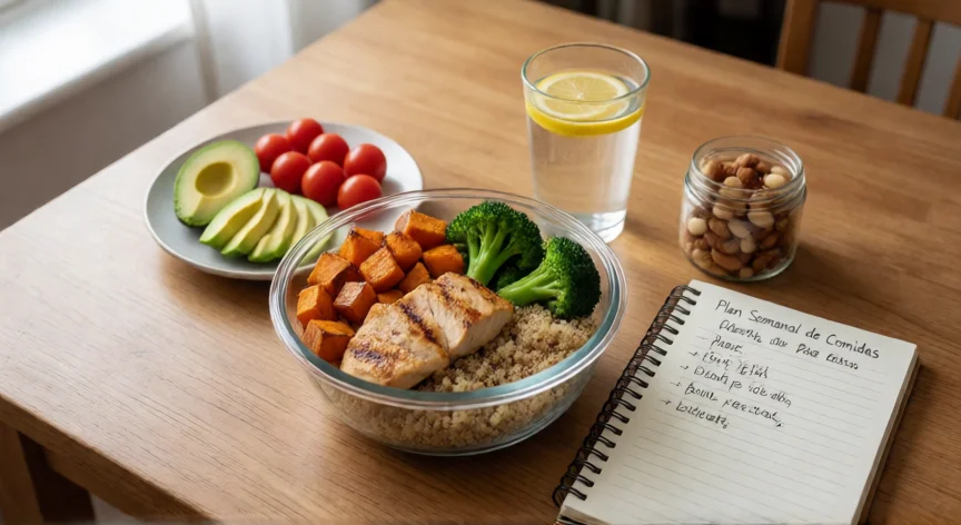 Mesa con comida saludable preparada: pollo, quinoa, verduras y frutos secos con plan semanal
