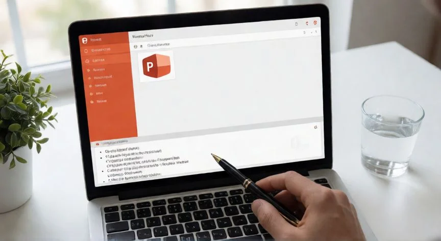 como agregar notas en powerpoint, Vista cenital de una portátil mostrando el panel de notas inferior en PowerPoint con apuntes del orador
