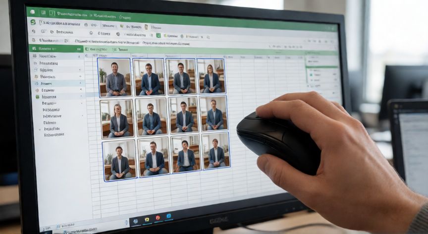 como agrupar en excel imagenes, Pantalla de Excel mostrando varias imágenes agrupadas con un contorno de selección único