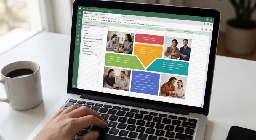 como agrupar en excel imagenes, Vista cenital de un portátil con una infografía agrupada en Excel lista para moverse como bloque