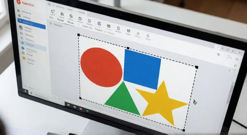 cómo agrupar en powerpoint, Vista de la pantalla de PowerPoint mostrando varias formas seleccionadas juntas preparadas para agrupar