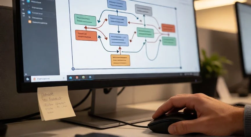 cómo agrupar en powerpoint, Mano con ratón seleccionando un grupo de elementos en una diapositiva de PowerPoint con diagrama