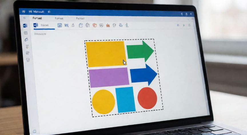 como agrupar en word, Vista de Word con varias formas seleccionadas y listas para agrupar con Ctrl+G