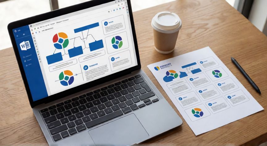 como agrupar en word, Espacio de trabajo con Word abierto mostrando un diseño agrupado con formas e imágenes