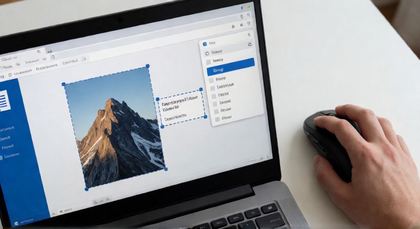 como agrupar en word imagen y texto, Pantalla de Word con imagen y cuadro de texto seleccionados mostrando el menú contextual para agrupar