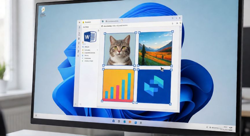 como agrupar en word imagenes, Pantalla de Word mostrando varias imágenes seleccionadas y agrupadas como un solo objeto con asas de selección azules